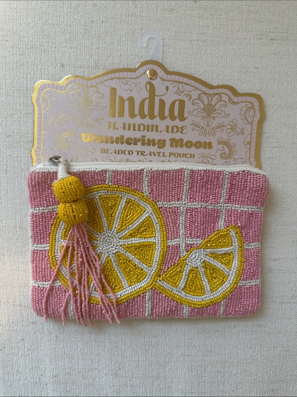 Beaded Pink & Yellow Lemon Wristlet Pouch by India